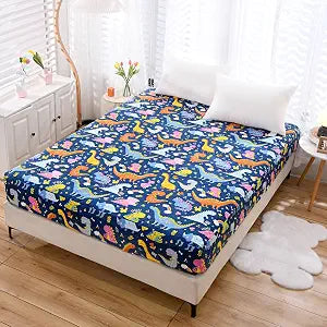 Bedding Fitted Sheet with Deep Pocket,Thicken Printed Fabric Bed Sheets (Navy Blue(Dinosaur), Twin XL)