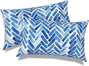 Outdoor Lumbar Pillows, Water Repellent Cushion Pillows 12x20 Inch, Outdoor Pillows with Inserts for Home Garden, Pack of 2, Blue Bricks