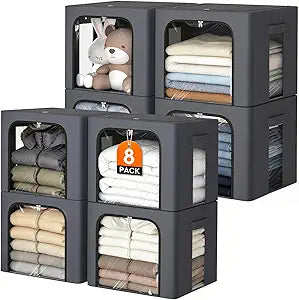 8 Pack Clothes Storage Bins with Metal Frame,40L Storage Bags Fabric Box Organizer with Clear Window,Zippers,Sturdy Handles(8 Pcs,Light Grey,40L)