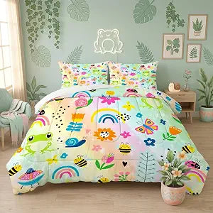 Cute Rainbow Comforter Set Twin, Frog Bedding for Kids Girls Teens