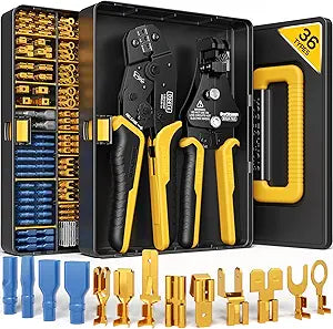 Crimping Tool Kit, 36-Type Open Spade & Quick-Disconnect Connector Set (2.8/3.9/4.8/6.3 mm) Non-Insulated Terminals with Wire Stripper, 2414 AWG Ratcheting Crimper, for Auto, Appliance, DIY
