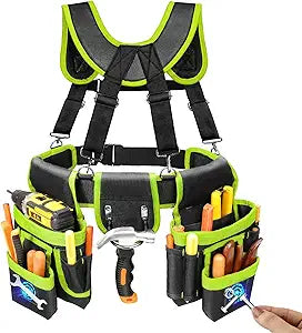 Tool Belt, Professional Tool Belts for Men, Magnetic Tool Pouch With Suspenders, Heavy Duty Detachable Adjustable Utility Belt Work Bags for Electrician, Carpenter (Black and Green, 32"-66")