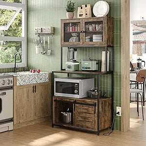 Furniouse 6-Tier Kitchen Bakers Rack with Power Outlet, Industrial Microwave Oven Stand with Shelves, Kitchen Utility Storage Shelf with Cabinet, Standing Storage Rack (Rustic Brown)