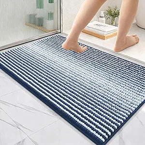 OLANLY Bathroom Rugs 36x24, Extra Soft Absorbent Chenille Striped Bath Rugs, Rubber Backing, Machine Wash Dry, Bath Mats for Bathroom Floor, Tub and Shower, Home Decor Accessories, Navy