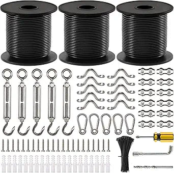 String Light Hanging Kit, 300 Ft Nylon Coated Stainless Steel Cable and Enough Accessories, Guide Wire for Outdoor String Lights, Patio Light, Camping Light