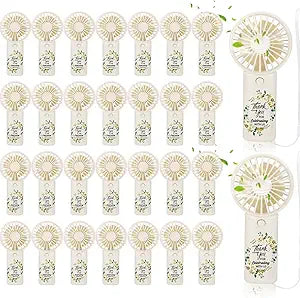 Tuanse 30 Pcs Wedding Mini Fans for Guests Portable Handheld Fans with Lanyard Bulk Thank You for Celebrating with Us Bridal Shower Favors for Summer Outdoor, Battery Not Include (Wedding Beige)