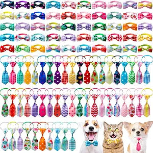 Reginary 100 Pieces Dog Bow Tie Collar Set for Small Medium Includes 50 Neckties and 50 Bow Ties Adjustable Cat Dog Bowties Neckties Puppy Cat Hawaii Summer Spring Style Grooming Accessories