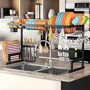 PUSDON Over the Sink Dish Drying Rack, 2 Tier Adjustable Large Capacity Stainless Steel Dish Rack for Kitchen Counter, Heavy Duty Space Saver Organizer with Utensil Holder, Black