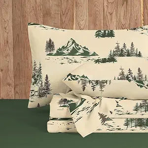 Wake In Cloud - Rustic Bed Sheets, 4-Piece Sheet Set, Cabin Forest Woodland Camping Theme with Lodge Mountain Pattern Printed Bedding, Deep Pocket, Green Brown, Queen Size
