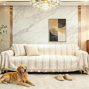Couch Cover for Dogs, Striped Sofa Slipcover with Tassels, Non Slip Washable 3 Cushion Couch Cover, Sectional Furniture Protector for Pets, White 71''x118''