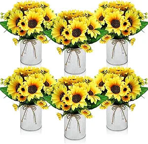 Artificial Sunflower Table Centerpieces - Set of 6 Faux Spring Summer Sunflowers Arrangements with Rustic Metal Vase for Kitchen Office Bathroom Home Farmhouse Wedding Party Decorations