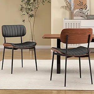 Mid Century Modern Dining Chairs Set of 2,Upholstered Faux Leather Kitchen Chairs with Walnut Bentwood Back and Metal Legs for Kitchen Dining Room Living Room, Black