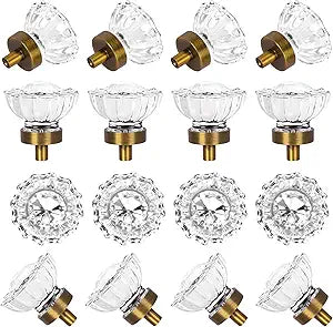 Round Cabinet Knobs Antique Brass Glass Cabinet Knobs Vintage, 16 Pack Crystal Drawer Knobs and Pulls, Dresser Knobs