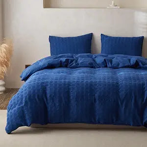 BISELINA 100% Cotton Duvet Cover Set Waffle Weave 2PCS (1 Comforter Cover, 1 Pillow Sham) Reversible Soft Skin-Friendly Breathable Shabby Chic Bedding for All Season - Navy Blue, Twin Size