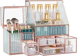 Youdepot Glass Makeup Organizer - Multi-Functional 3-in-1 Cosmetic Organizer for Skincare, Lipstick, Brushes - Vanity Organizer & Bathroom Organizer