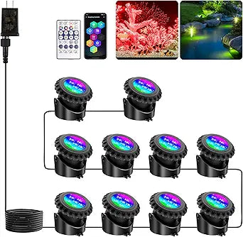 T-SUN Underwater LED Pond Lights IP68 Waterproof Submersible Fountain Lights with Bluetooth App & Remote, 16 Million Colors Underwater Lighting for Koi Ponds/Garden Water Features Aquarium (10-Pack)