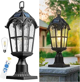 Emliviar 19" Portable Solar Post Light for Patio and Camping, Table Lamp with Pier Mount Base in Black Finish, Outdoor Solar Lighting with Water Grain Glass Shade, YXE302P-ML SL BK