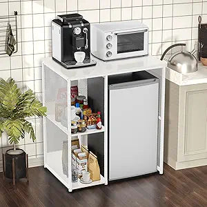 KirKical 3-Tier Coffee Bar Cabinet with Mini Fridge Space, Simple Style Microwave Stand Bakers Rack, Utility Compact Refrigerator Storage Organizer for Home Kitchen Dorm, White