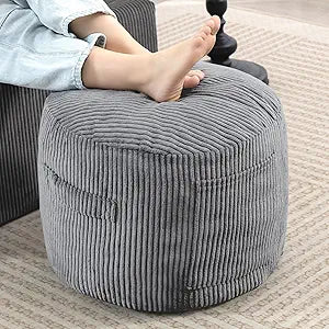 Round Stuffed Pouf Ottoman,Corduroy Foot Rest with Rebound Foam Filled, Furry and Fluffy Foot Stool Ottoman, Floor Poufs for Living Room (Gray, 20" D x 20" W x 15" H)