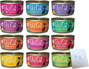 Tiki Cat Grain-Free Huge Variety Pack - 12 Total Flavors: Hawaiian Grill, Lanai Tuna, Makaha Mackerel, Tahitian Grill, Bora Bora Sardine, and More! Plus Pet Paws Notepad (2.8oz Each, 12 Total Cans)