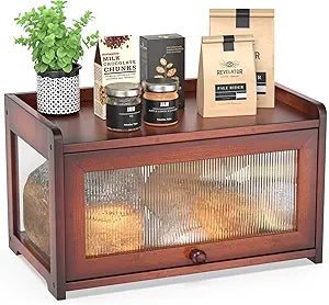 BAMBANG Bamboo Bread Box for Kitchen Countertop, Extra Large Farmhouse Bread Box with 4-Side Clear Panels, Wooden Bread Storage Container for Homemade Bread, Brown