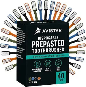 Avistar 40 Prepasted Disposable Toothbrushes Individually Wrapped - Single Use Pre Pasted Disposable Toothbrushes with Toothpaste Built in - Waterless Toothbrush for Travel, Guests, Hotel, & Camping