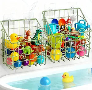 Greentainer 2 Pack Bath Toy Storage Organizer, Large Rustproof Metal Wire Basket, Wall Mounted Hanging Bathtub Holder, Bathroom Shower Caddy for Tub Toys & Toiletries