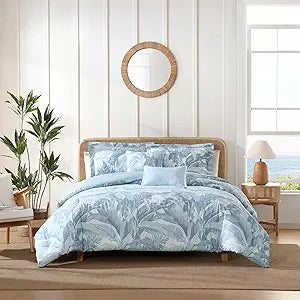 Tommy Bahama - Queen Comforter Set, 100% Cotton Slub Fabric with Soft Breathable Texture, 5 Piece Bed Set with Matching Pillowcases & Bonus Throw Pillows (Palm Serenity Blue)