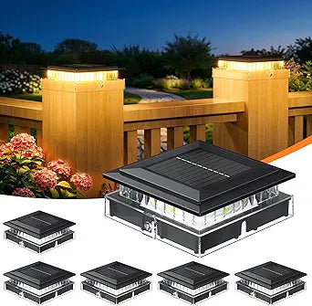 4x4 Solar Post Cap Lights Outdoor, 6 Pack Fence Post Solar Lights with Warm Light Mode, Waterproof Fence Deck Post Lights Solar Powered Fits 4x4 3.5x3.5 Vinyl Wooden Posts for Patio Porch