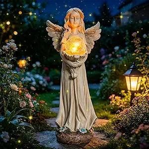 MUMTOP Angel Statue Outdoor - Angel Solar Garden Statues with Crackle Glass Ball LED Light, Resin Angels Memorial Figurines Light, Angel Gifts for Women and Patio Yard Lawn Outside Decor
