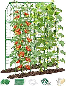 Cucumber Trellis for Climbing Plants Outdoor, A-Shape Garden Trellis for Raised Bed, Metal Plant Trellis with Garden Netting for Flower Vegetables, Pea, Grape ((67 * 17 * 65inch(L*W*H), Trellis)