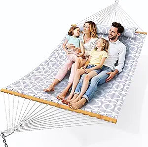 Everyfun Double Hammock with Spreader Bar,Soft Pillow,Max Load 500lbs,Portable Hammock for Outdoor,Camping,and Backyard,White Gray