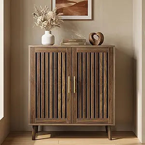 Smart FENDEE Sideboard Cabinet, 31.5" W Farmhouse Buffet Cabinet with Slatted Doors & Adjustable Shelf, Wood Coffee Bar Storage Station for Kitchen, Dining Room, Living Room, Entryway, Walnut Color