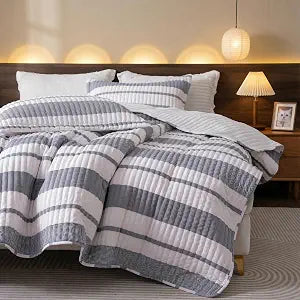 BOV Gray White Striped Quilt Set King Size 100x92 Coastal Striped Quilt Set, Lightweight Summer Bedspread, Oversized King Quilt with 2 Pillow Shams, Breathable Coverlet Bedding