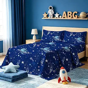 MAG 4 Pieces Bedding Set Space Galaxy Sheets,Stars Queen Sheet Set for Kids Teens Boys Girls and Space-Lovers,Super Soft Microfiber,with 1 Fitted Sheet 14''Deep Pocket +1 Flat Sheet+2 Pillowcase.