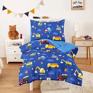 Wake In Cloud - Toddler Bedding Set for Boys, Construction Car Excavator Truck, 4 Pieces Soft Crib Bed Set Including Comforter, Sheets and Pillowcase, Blue