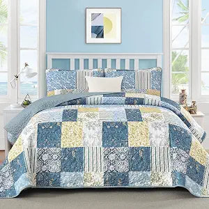 Drucon Quilts Queen Size, Blue Yellow Patchwork Pattern Summer Bedspread Bedding Set, 3 Pieces Soft Chic Plaid Coverlet with 2 Pillow Shams for All Season 96x90 Inch