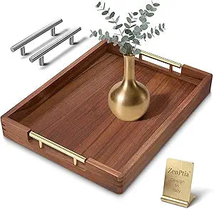 Acacia Wood Serving Tray with 2 Sets of Handles (Gold & Silver) - 17" Large Wooden Tray for Ottoman Coffee Table, Decorative Tray for Living Room & Kitchen - Solid Wood Table Topper