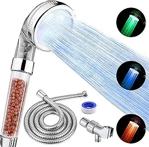 FASTRAS LED Shower Head with Handheld, Shower Head High Pressure Shower Head with Hose, Holder & PTFE Tape etc, 3 Water Temperature-Controlled Water Saving Filtered Shower Head for Dry Hair& Skin
