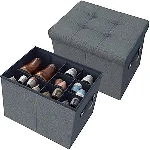 2 Pack Storage Ottoman Shoe Organizer for Closet - Adjustable Dividers Storage Box for Shoes | Clothes | Toy | Blanket, Foldable Foot Stool Small Bench Shoe Cabinet for Living Room & Bedroom