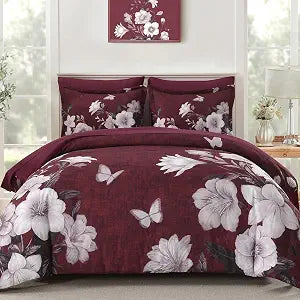 DHSFKBE Floral Comforter Set Queen Size, 7 Pieces Burgundy Bed in a Bag, Elegant Floral Butterfly Comforter and Sheet Set, Soft Microfiber Bedding Set for All Seasons(Burgundy,90"x90")