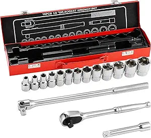 MAXPOWER 1/2" Drive Socket Wrench Set, 16-Piece, Including 13-Piece SAE Sockets, 1/2" Drive Breaker Bar, 1/2" Ratchet Wrench and Extension Bar