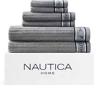Nautica Bathroom Towels, Washcloth, Bath & Hand Towel Set, Highly Absorbent Ribbed Terry Cotton, Set of 6, College Dorm Room Essentials (Signature Grey)