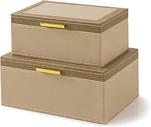 Soul & Lane Faux Leather Decorative Boxes with Lids and Gold Hardware for Home Decor, Set of 2 Stacking Hinged Boxes for Coffee Table and Living Room Shelves, Remote Control Holder, Two-tone Sand