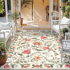 Uphome Indoor Outdoor Area Rug 6x9 ft, Large Floral Patio Rugs for RV Camping Outside, Washable Living Room Mat Non Slip, Breathable Floor Carpet for Bedroom Deck Porch Backyard, Beige