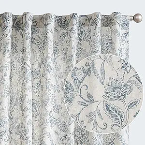 jinchan Floral Linen Blend Curtains for Living Room Blue French Country Farmhouse Curtains 84 Inches Long Light Filtering Kitchen Window Back Tab Semi Sheer 2 Panels