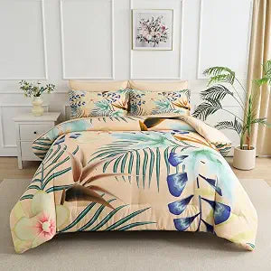 Yogeneg 7 Piece Bed in a Bag King Size Comforter Set Khaki Bedding Set,Yellow Floral Green Leaves Pattern Reversible Design,Soft Microfiber Comforter with Sheet Set,All Season(Khaki,King)