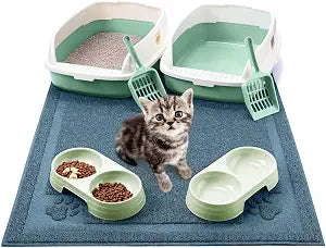 Sliner 7 Pcs Kitten Litter Box Starter Kit, 2 Plastic Small Kitty Litter Box Training Low Entry with Scoop, 2 Double Cat Bowl and Mat for Kitten Indoor(Green)