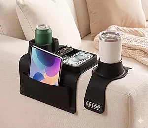 Heim & Glanz Silicone Couch Cup Holder Tray 2-Pack, Armrest Organizer with Wireless Charging Cutout, Drink Holder for Sofa Recliner Chair Arm, Non-Slip Couch Caddy with Side Pocket