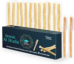 12 Pcs Miswak Sticks with Holder - Vacuum Sealed Chewing Miswak Sticks for Teeth - Natural Flavored Toothbrush for Teeth Whitening, Oral Health, and Fresh Breath || Pack of 12